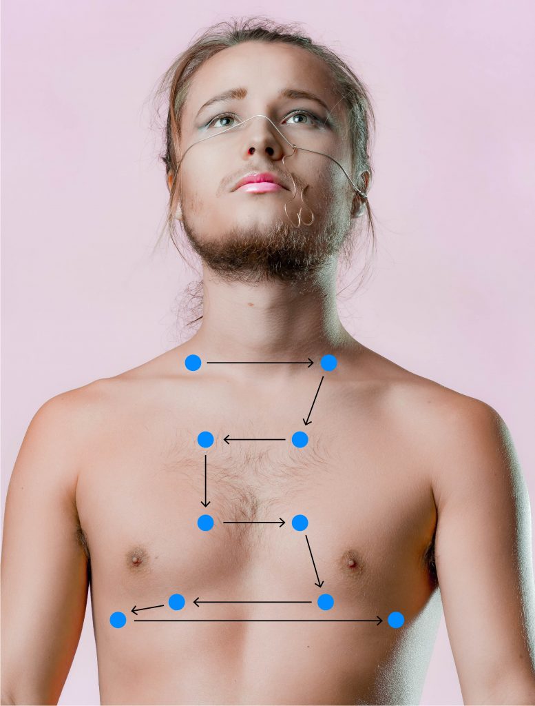 A person's anterior chest naked with blue dots to mark the pattern of palpation.