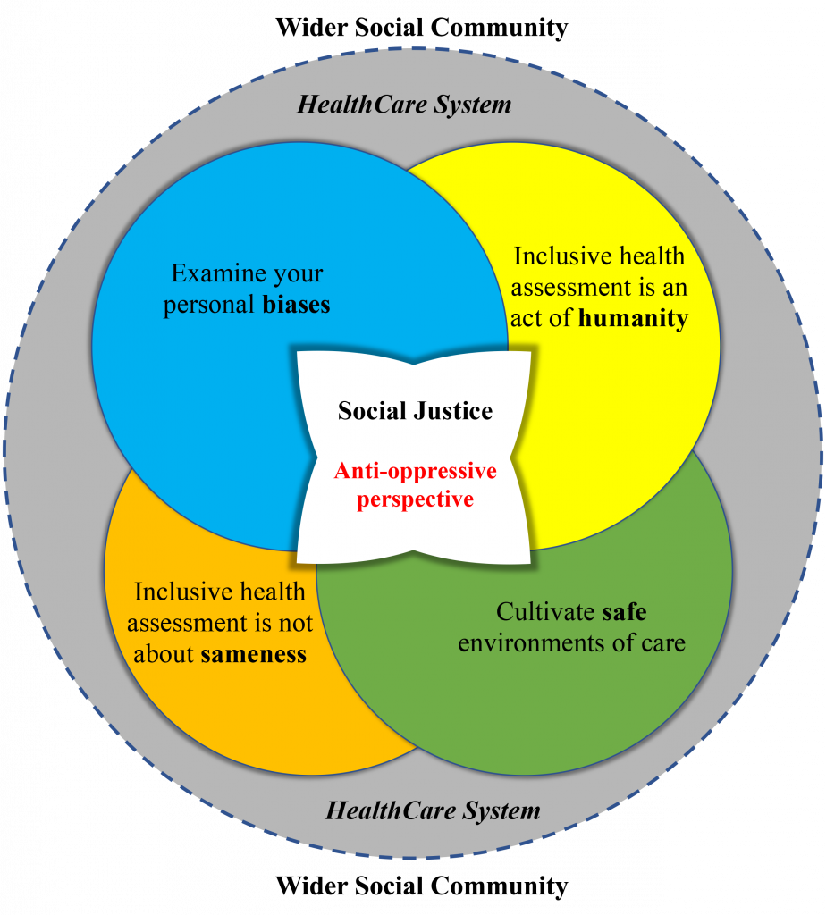Visual representation of interconnected principles of inclusive health assessment. Detailed description provided in the text above.
