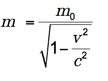 m equals begin fraction m sub 0 over begin square root 1 minus begin fraction v sup 2 over c sup 2 end fraction end square root end fraction