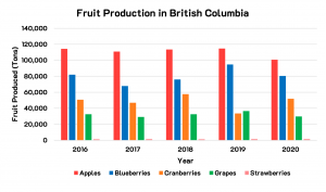 A bar graph showing the general trend that fruit production is decreasing within a span of five years.