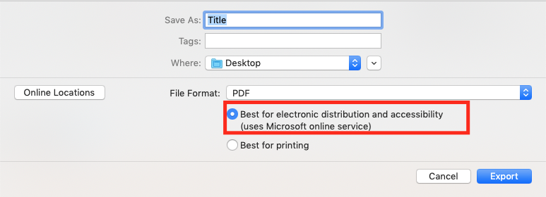 Image demonstrates location of the menu item 'Best for electronic distribution and accessibility' when creating a tagged PDF.