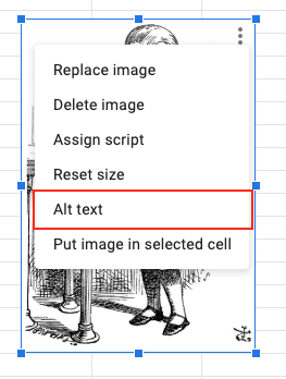 Image demonstrates the location of the Alt Text menu from located in the context menu of an image.