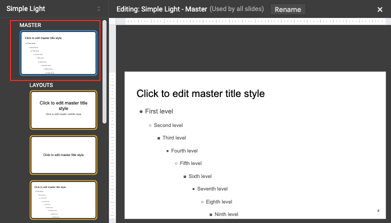 Image demonstrates the location of the Master slide in the Edit master pane.
