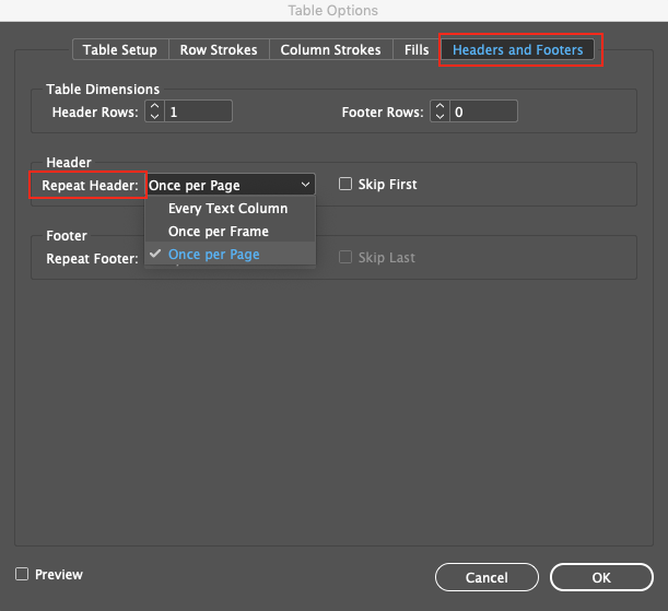 Image demonstrates the Table Options dialog box, with the Repeat Header options are displayed. 