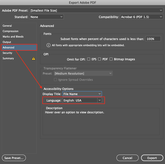 Image demonstrates the Accessibility Options under the Advanced settings section of the Export Adobe PDF dialog box.