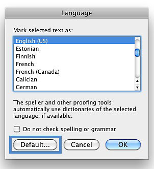 Screenshot of the language dialog box with the Default button highlighted