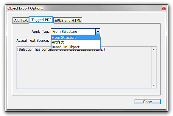 Image demonstrates the changes that should occur under "Tagged PDF" in the "Object Export Options" box.