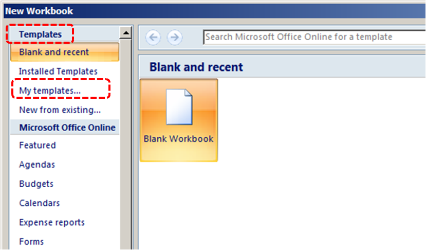 Image demonstrates location of My templates... option under Templates in the New Workbook dialog.