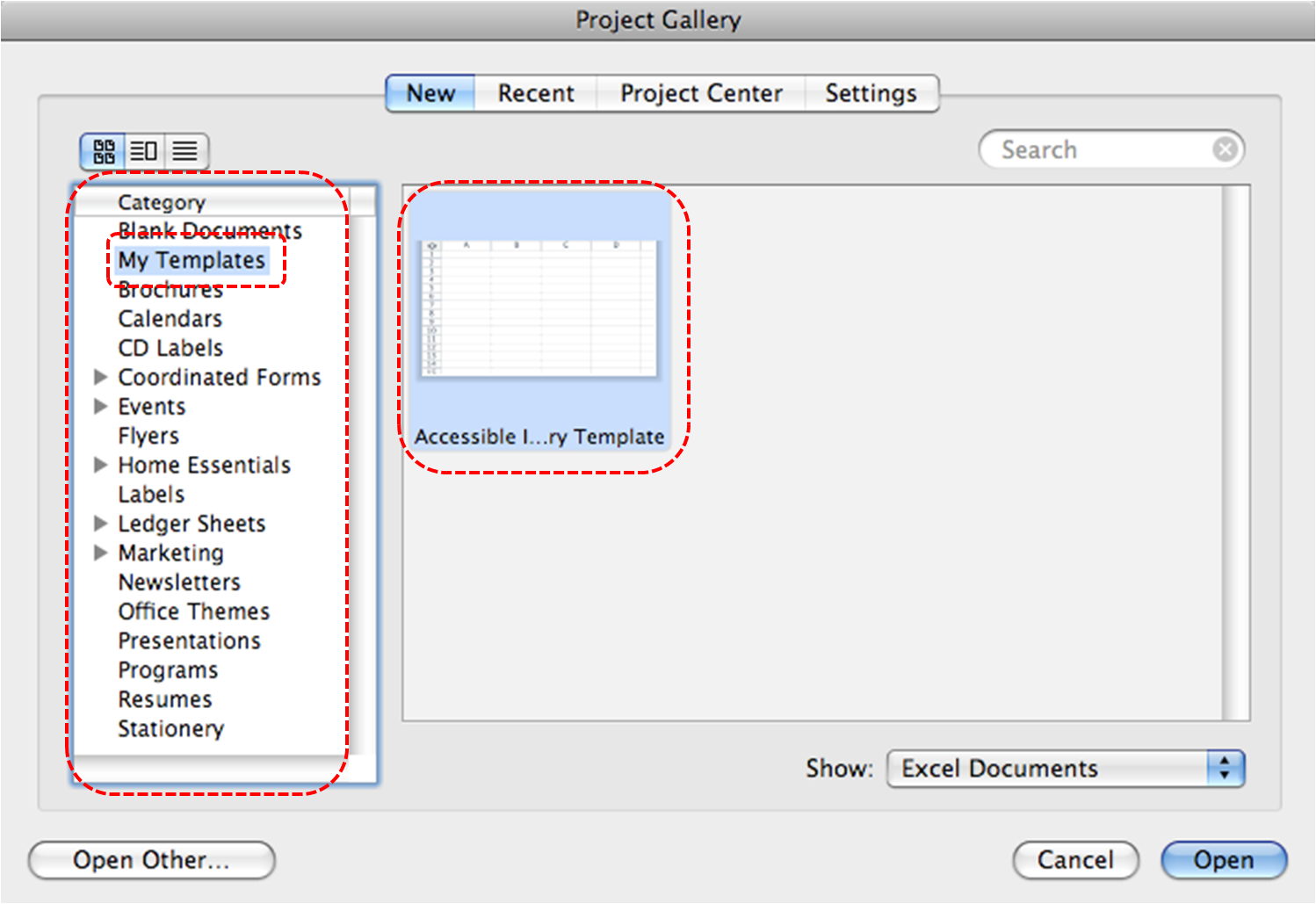 Image demonstrates location of My Templates option in Category section and an accessible template in the tempkate gallery of the Project Gallery dialog.