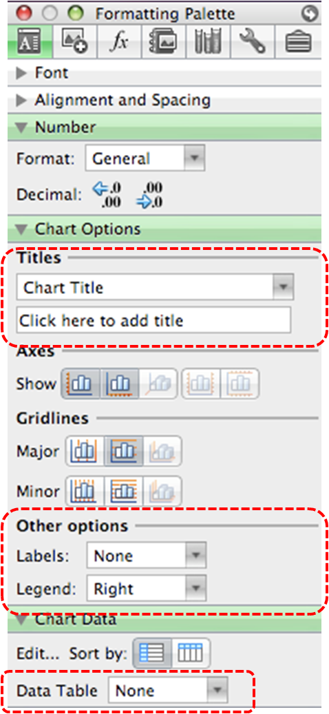 Image demonstrates location of Titles options, Other options, and Data Table option in Chart Options and Chart Data sections of the Formatting Palette.