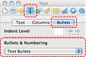 Image demonstrates location of Text inspector button, Bullets tab, and Bullets & Numbering section of Inspector dialog.