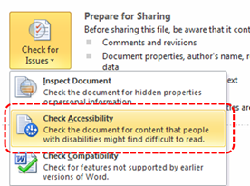 Image demonstrates location of Check Accessibility button in Check for Issues drop-down menu.