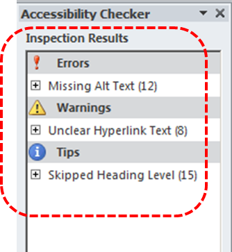 Image demonstrates location of Inspection Results in the Accessibility Checker task pane.