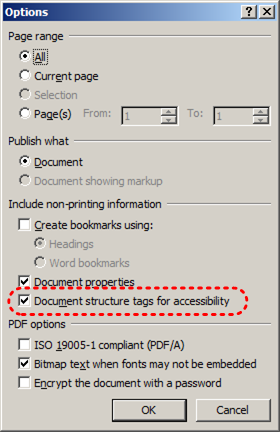 Image demonstrates location of Document structure tags for accessibility option in the Options dialog.