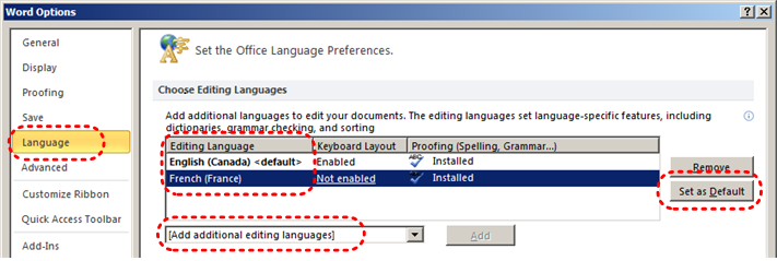Image demonstrates location of Language option, Editing Language options, Set as Default button, and Add additional editing languages drop-down menu in the Options dialog.