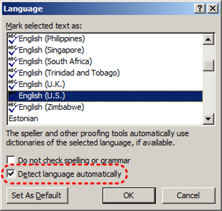 Image demonstrates location of Detect language automatically option in the Language dialog.
