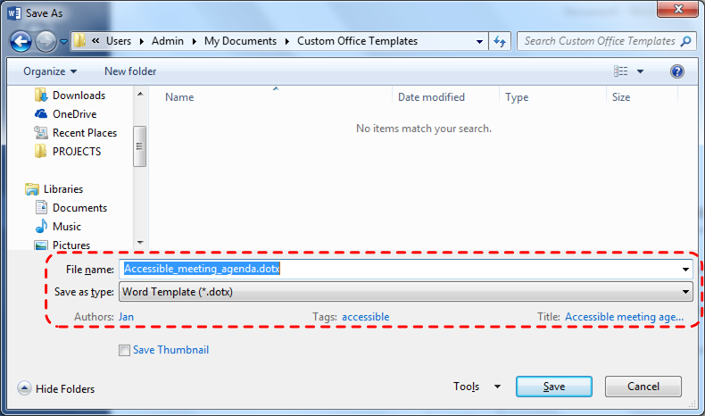 Image demonstrates location of the File name text box, the Save as type drop-down menu, the Tags field and the Title field in the Save As dialog.