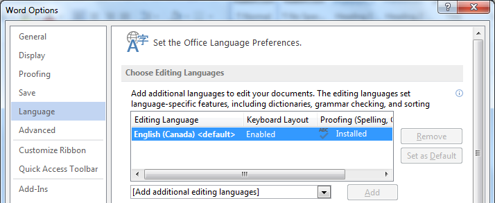 Image demonstrates location of Language option, Editing Language options list, Set as Default button, and Add additional editing languages drop-down menu in the Options dialog.