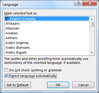 Image demonstrates location of Detect language automatically option in the Language dialog.