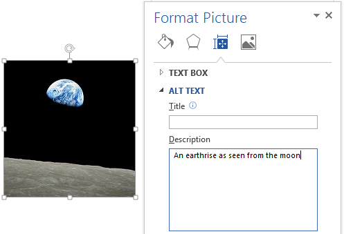 Image demonstrates location of Title and Description boxes in the Alt Text section of the Format Picture dialog.