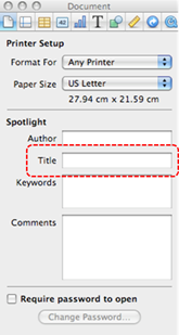 Image demonstrates location of Title box in Document section of Inspector dialog.