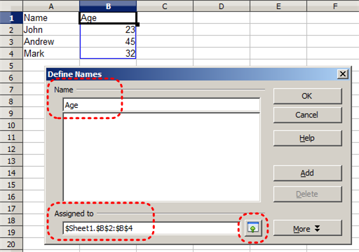 Image demonstrates location of Age box, Assigned to box, and Maximize button in Define Names dialog.