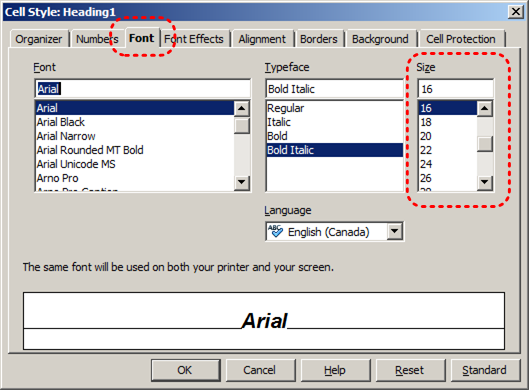 Image demonstrates location of Font tab and size options in Cell Style dialog.