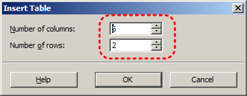 Image demonstrates location of column number and row number options in the Insert Table dialog.
