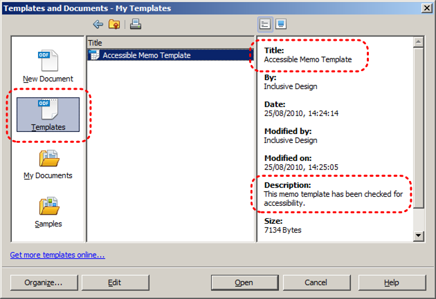 Image demonstrates location of Templates icon, Title and Description sections in My Templates dialog.