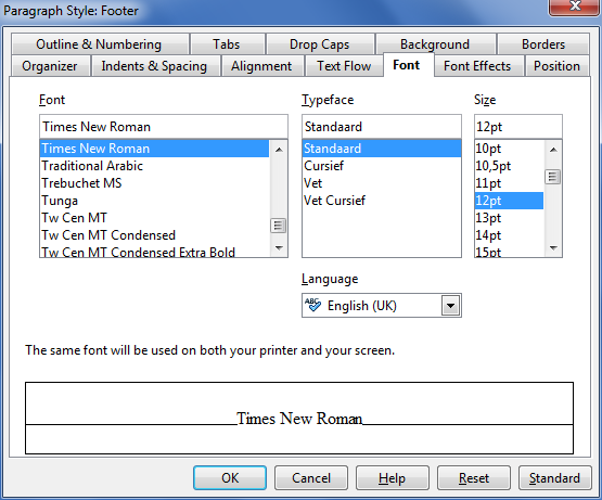 Image demonstrates location of Font tab and Size option in Paragraph Style dialog.