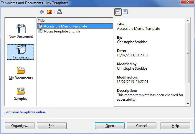 Image demonstrates location of Templates icon, Title, and Description in the My Templates dialog.