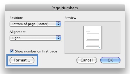 Image locates the format button on "Page Numbers" box.