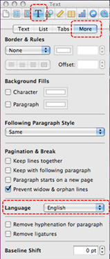 Image demonstrates location of Text button, More tab, and Language section in the Inspector dialog.