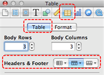 Image demonstrates location of Table inspector, Table tab, and Headers & Footer section in the Inspector dialog.
