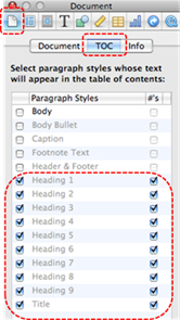 Image demonstrates location of Document button, TOC tab, and list of paragraph styles in the Inspector dialog.