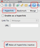 Image demonstrates location of Link inspector button, Hyperlink tab, and Make all hyperlinks inactive checkbox in the Inspector dialog.
