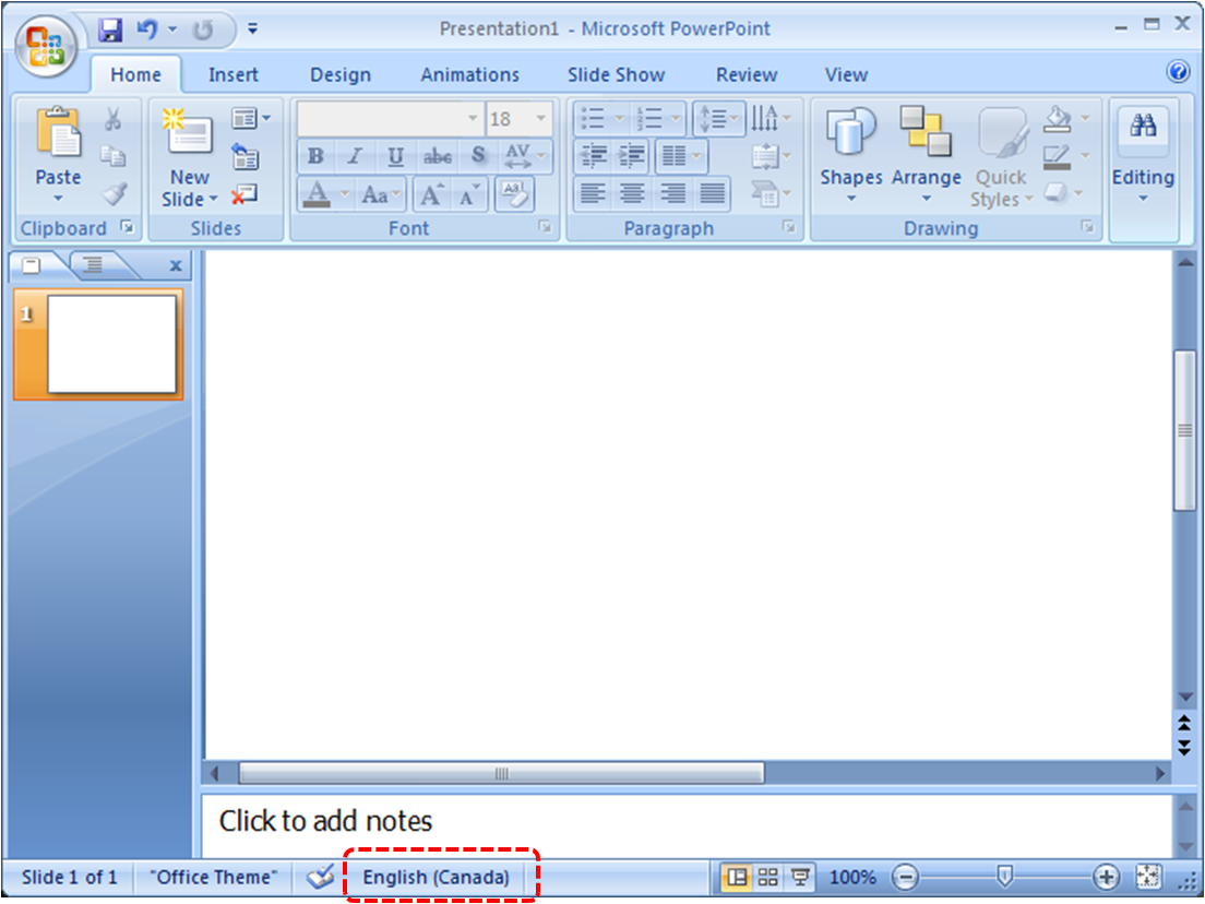 Image demonstrates location of active keyboard layout in the status bar of the application window.
