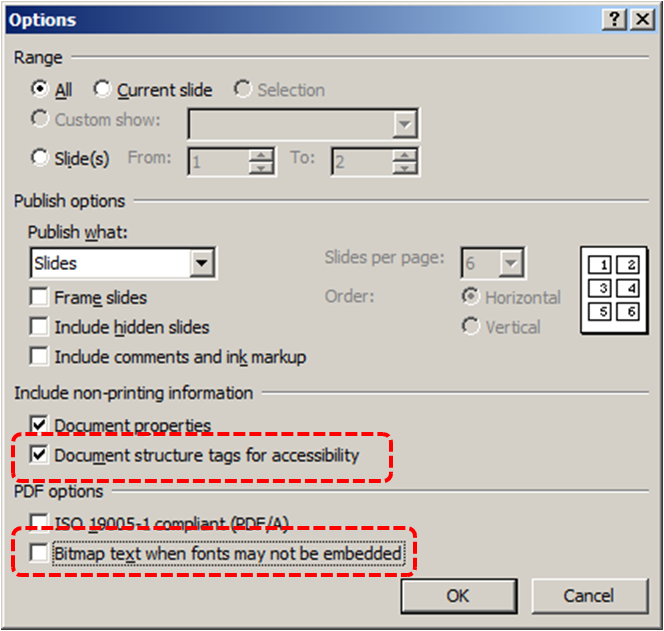 Image demonstrates location of Document structure tags for accessibility option and Bitmap text when fonts may not be embedded option in the Options dialog.