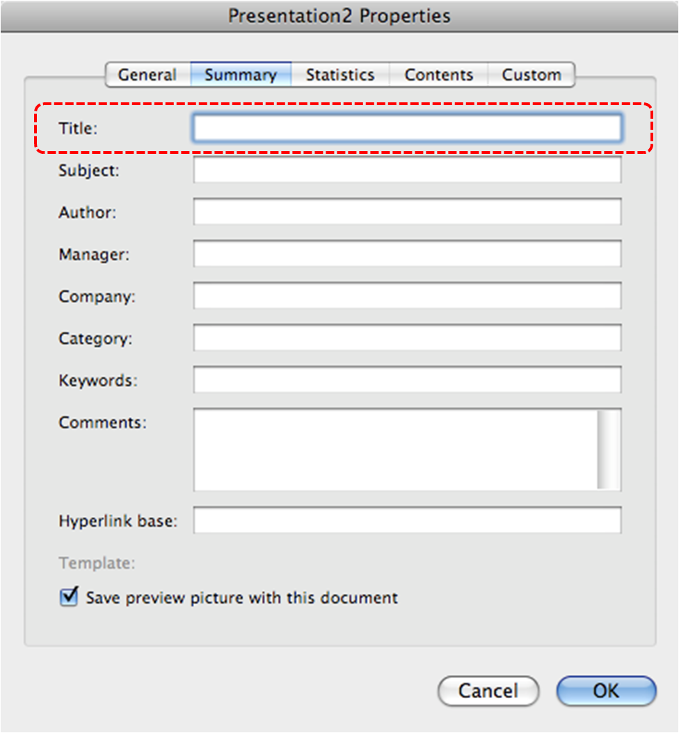 Image demonstrates location of Title box in Presentation Properties dialog.