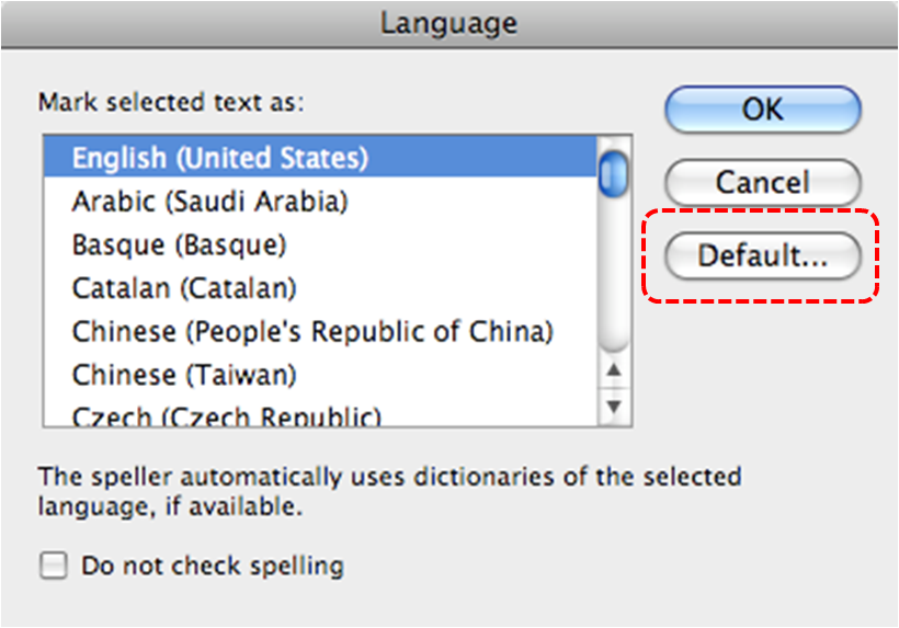 Image demonstrates location of Default... button in the Language dialog.
