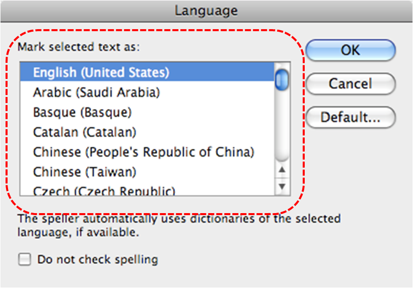 Image demonstrates location of Mark selected text as scrolling-list in the Language dialog.