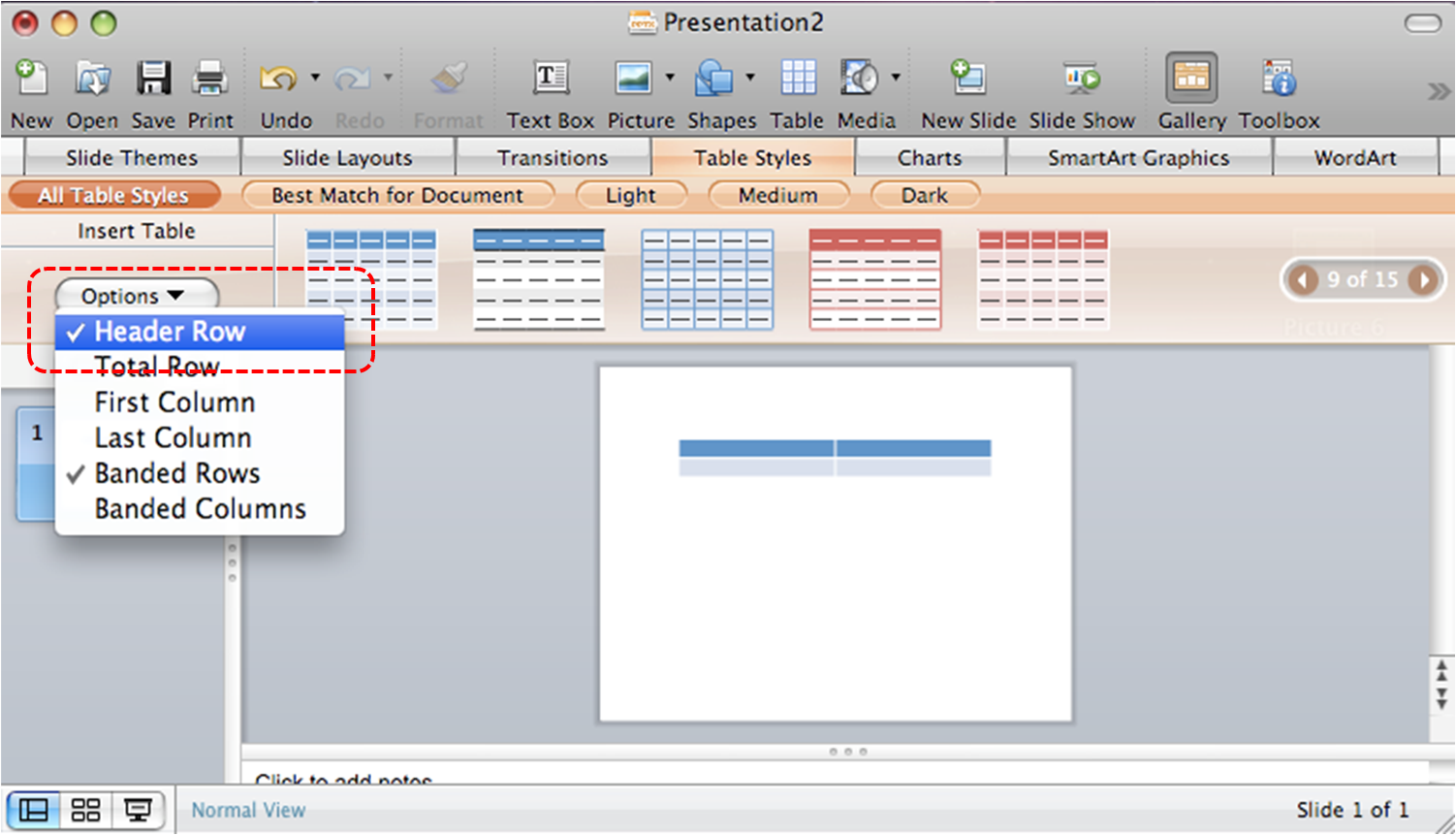Image demonstrates location of Header Row Option in Table Styles section above document pane.