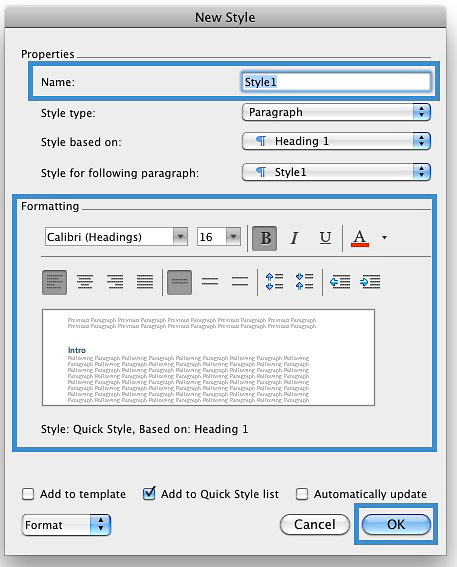 Image demonstrates the changes that need occur in the "New Style" dialog box.