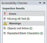 Image demonstrates inspection results in Accessibility Checker task pane.