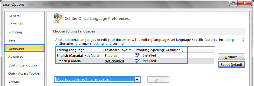 Image demonstrates location of Language option, Editing languages list, Set as Default button and Add additional editing languages option in Options dialog.