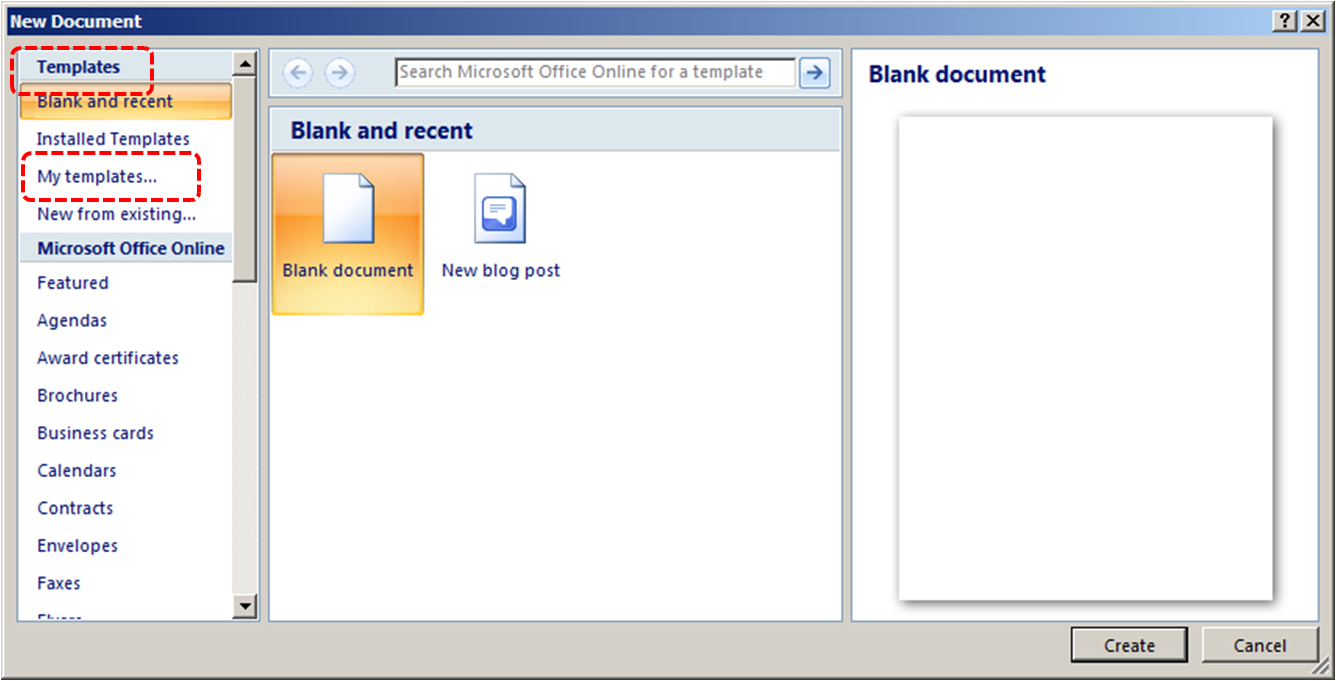 Image demonstrates location of Templates section and My templates option in New Document dialog.