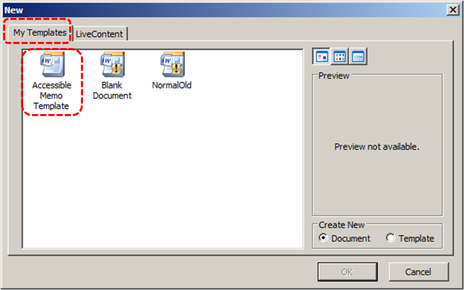 Image demonstrates location of My Templates tab and templates list in the New dialog.