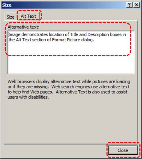 Image demonstrates location of Alt Text tab, Alternative text box, and Close button in the Size dialog.
