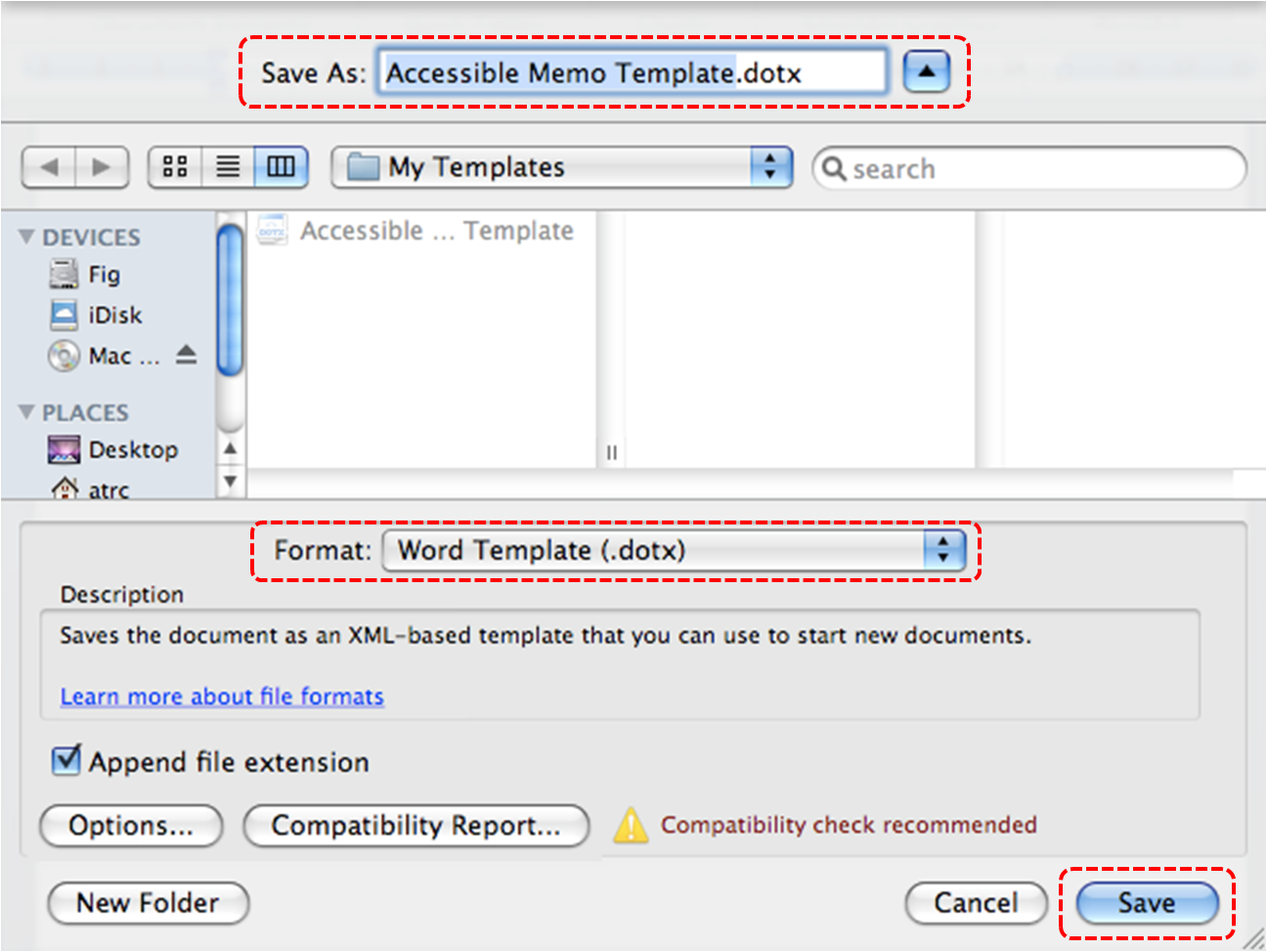 Image demonstrates location of Save As box, Format drop-down list and Save button in Save As dialog.