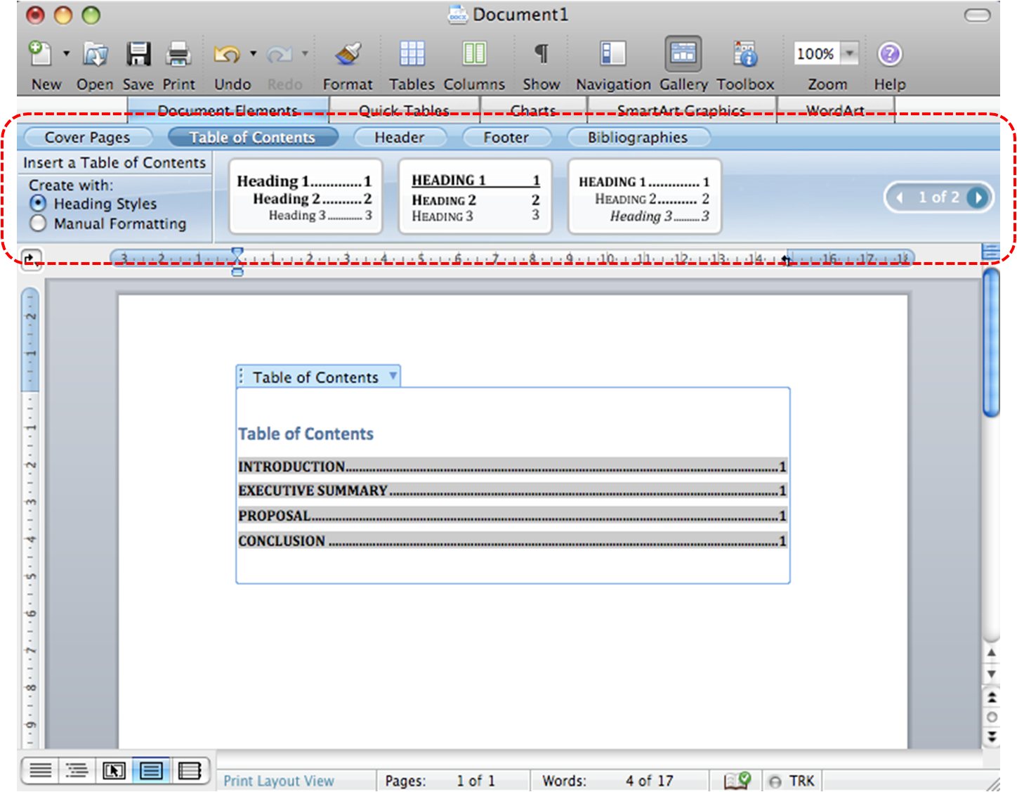 Image demonstrates location of Table of Contents section above the document pane in the application window.